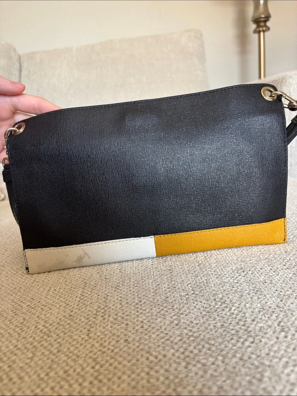 Furla Two-Tone Mustard, Black, and White Leather Shoulder Bag
